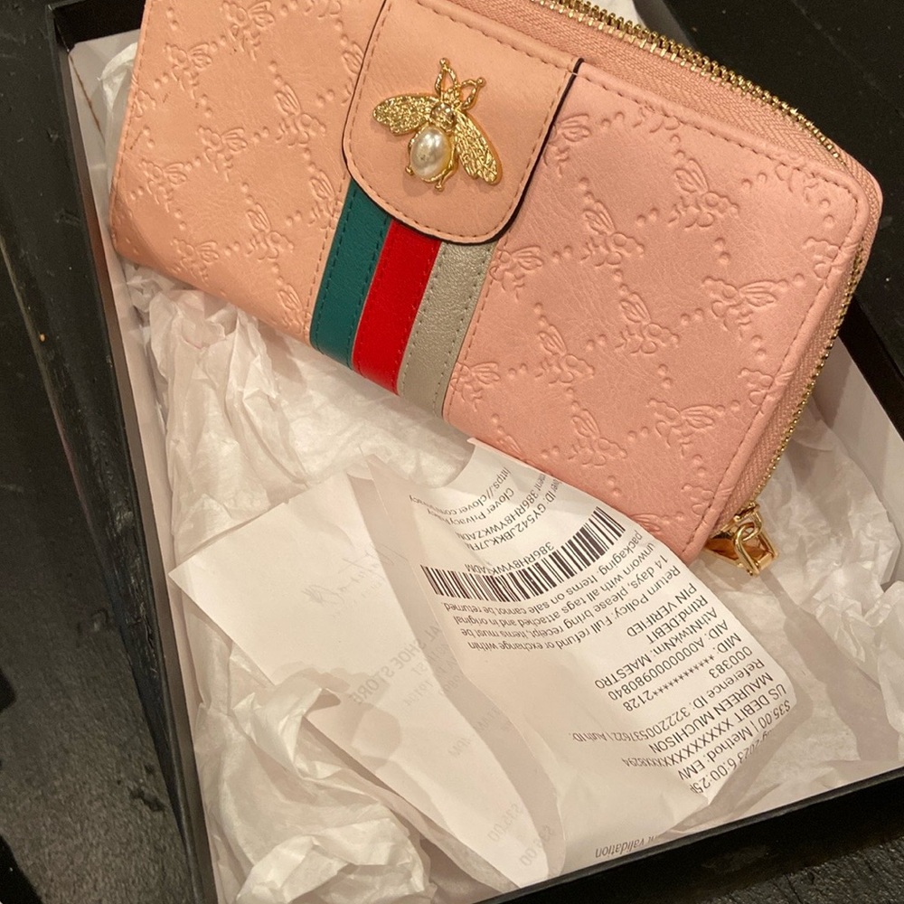 Pink and Green Honey bee Wallet with Gold Hardware and Structured Design - Picture 7 of 9